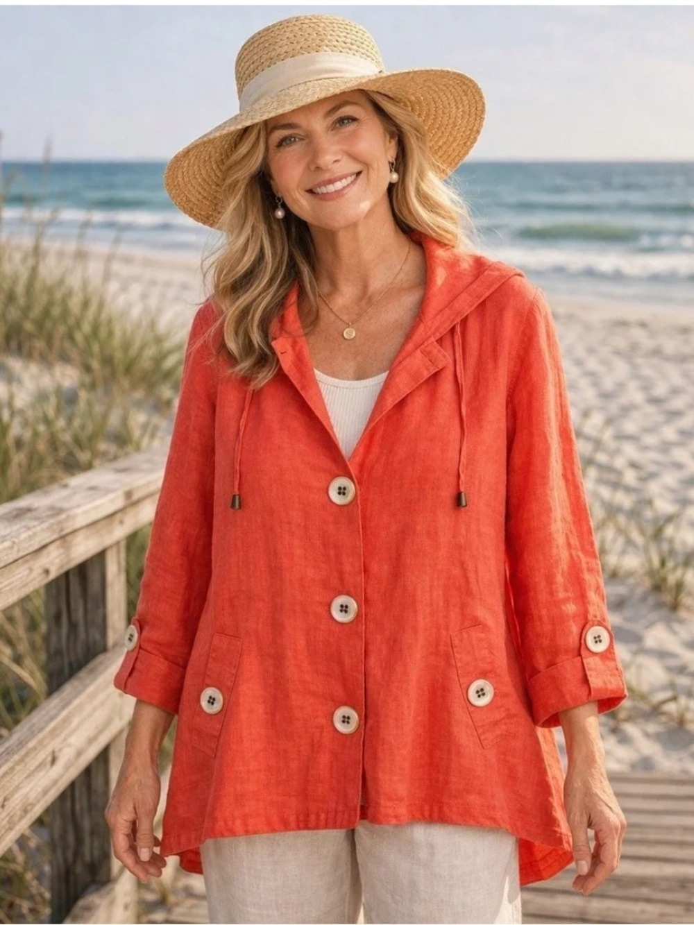 For Cynthia 100% Linen Hooded Jacket Lagenlook Lightweight Coral Red, Size S